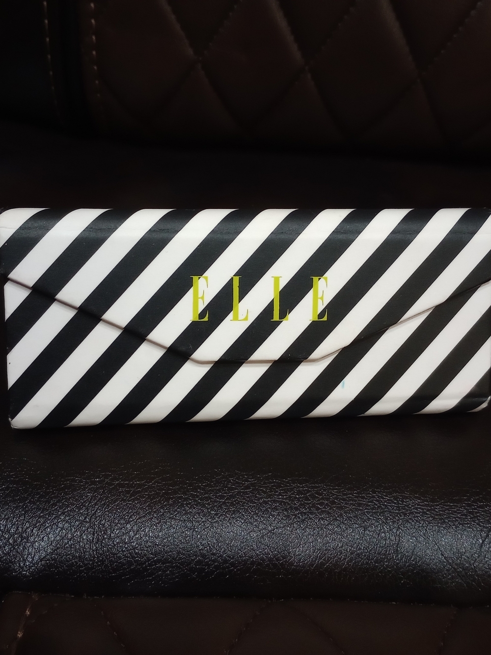 Elle Black & White Diagonal Stripe Sunglasses Case with Yellow Logo